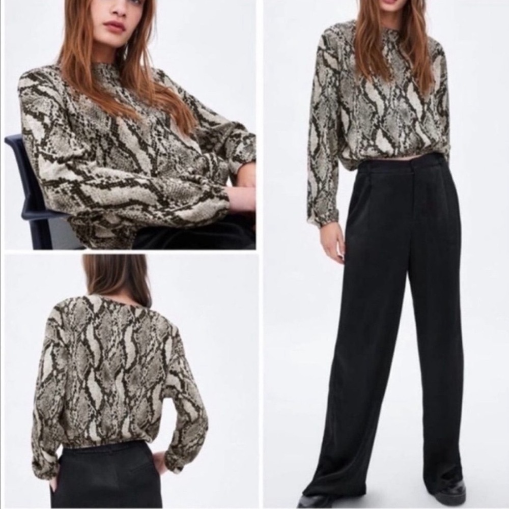 Zara Snakeskin Print Button Down Shirt Womens‎ Medium Gray Black Animal Blouse